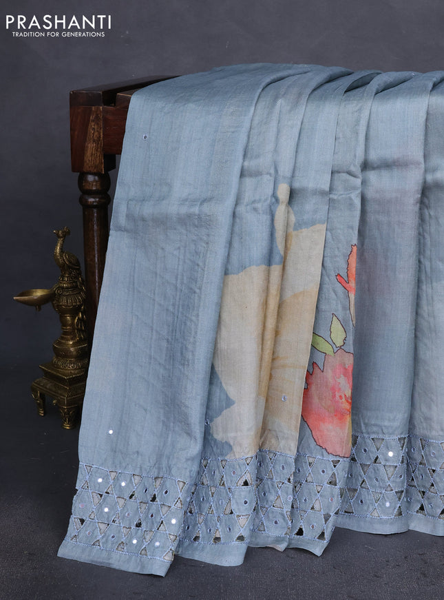 Pure tussar silk saree grey with floral digital prints & mirror work and cut work border