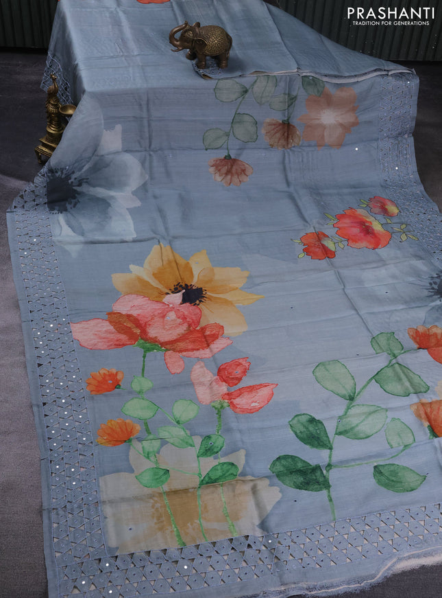 Pure tussar silk saree grey with floral digital prints & mirror work and cut work border