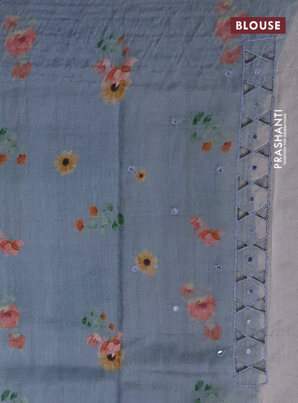 Pure tussar silk saree grey with floral digital prints & mirror work and cut work border