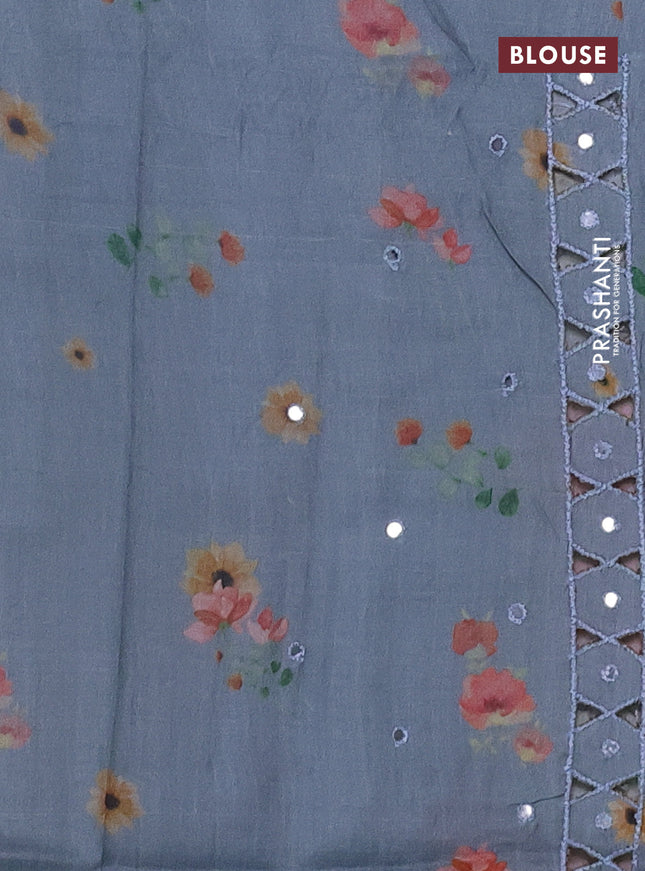 Pure tussar silk saree grey with floral digital prints & mirror work and cut work border