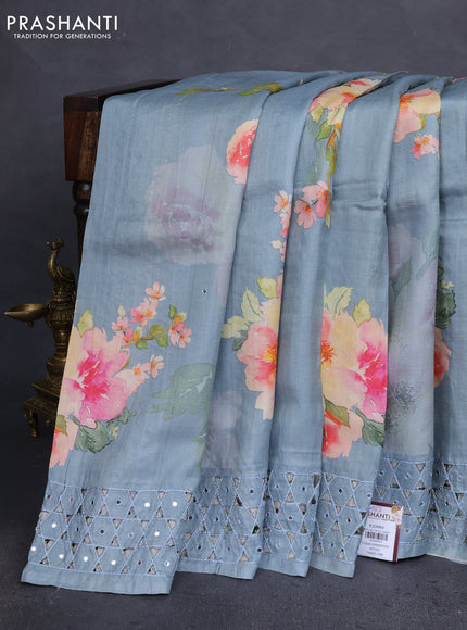 Pure tussar silk saree grey with floral digital prints & mirror work and cut work border