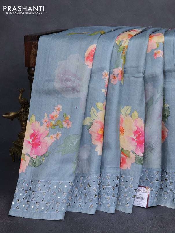 Pure tussar silk saree grey with floral digital prints & mirror work and cut work border