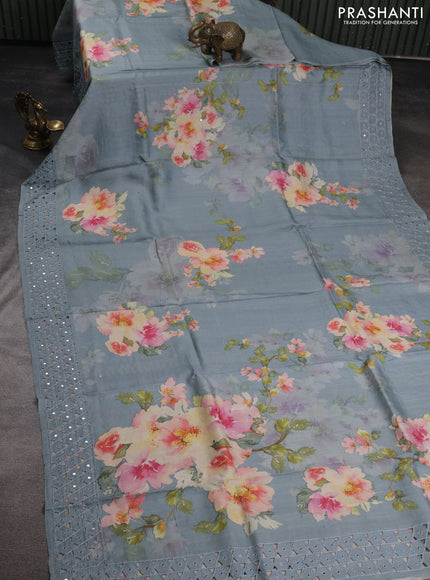 Pure tussar silk saree grey with floral digital prints & mirror work and cut work border