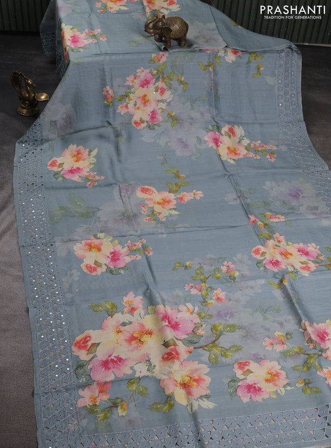 Pure tussar silk saree grey with floral digital prints & mirror work and cut work border
