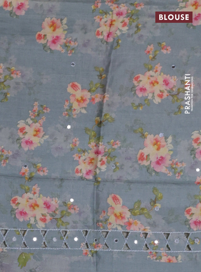 Pure tussar silk saree grey with floral digital prints & mirror work and cut work border