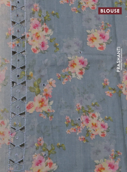 Pure tussar silk saree grey with floral digital prints & mirror work and cut work border