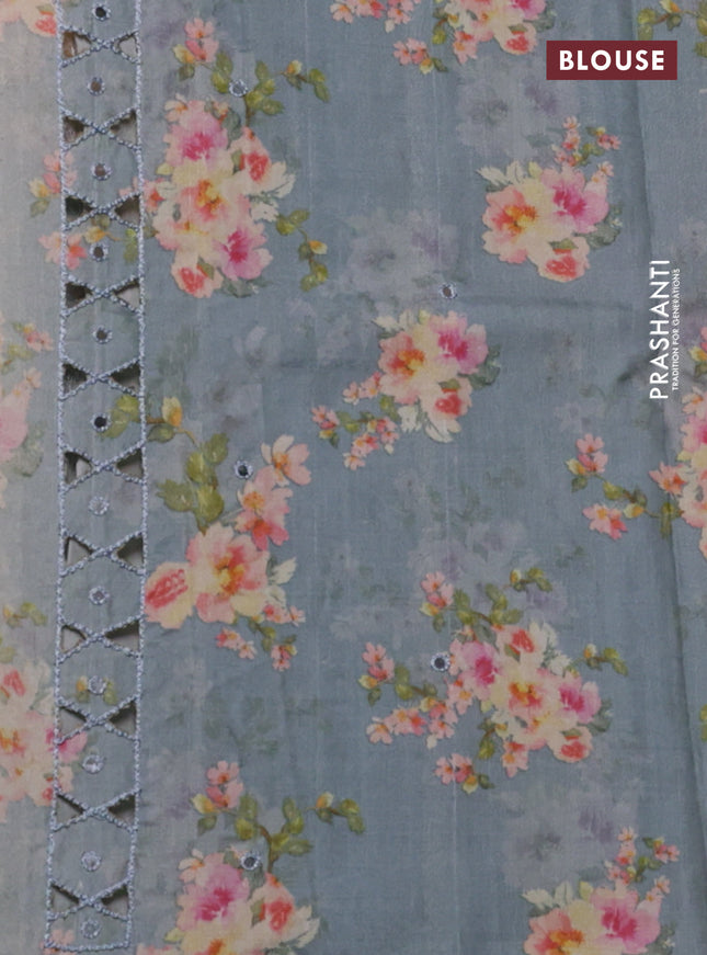 Pure tussar silk saree grey with floral digital prints & mirror work and cut work border