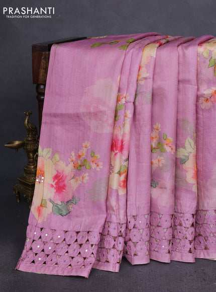 Pure tussar silk saree mauve pink with floral digital prints & mirror work and cut work border