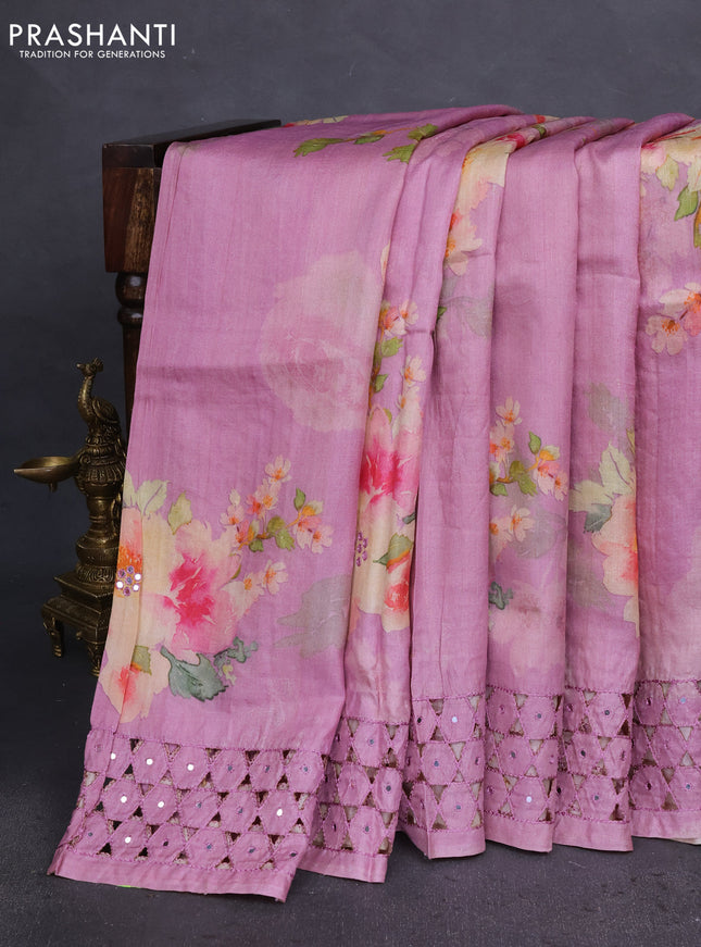 Pure tussar silk saree mauve pink with floral digital prints & mirror work and cut work border