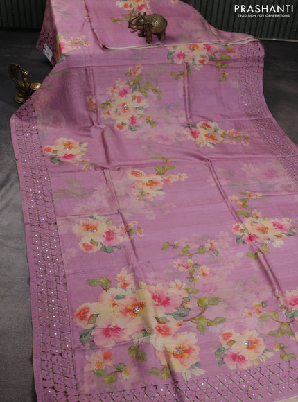 Pure tussar silk saree mauve pink with floral digital prints & mirror work and cut work border