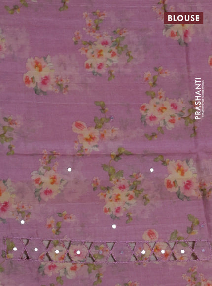 Pure tussar silk saree mauve pink with floral digital prints & mirror work and cut work border
