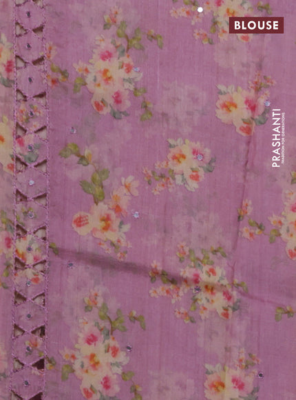 Pure tussar silk saree mauve pink with floral digital prints & mirror work and cut work border