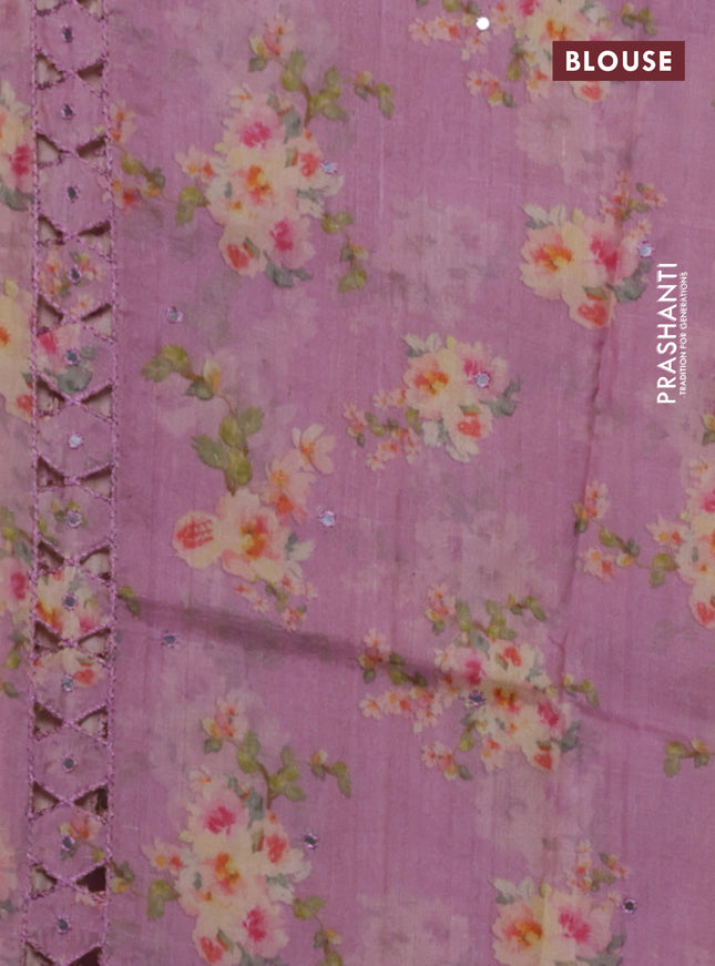 Pure tussar silk saree mauve pink with floral digital prints & mirror work and cut work border