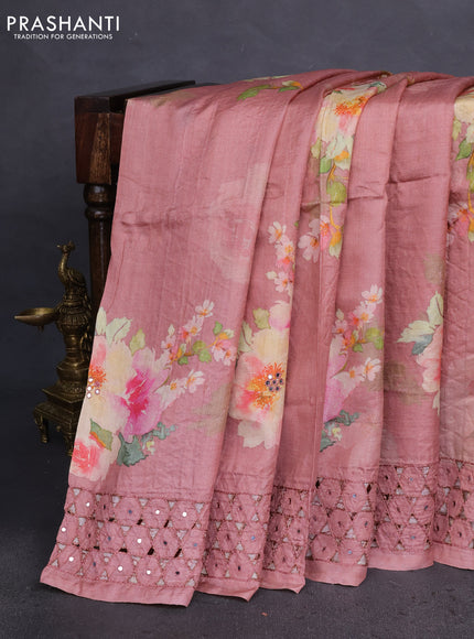 Pure tussar silk saree dark peach with floral digital prints & mirror work and cut work border