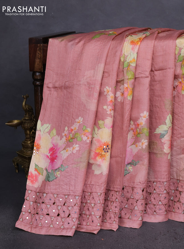 Pure tussar silk saree dark peach with floral digital prints & mirror work and cut work border