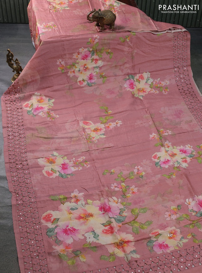 Pure tussar silk saree dark peach with floral digital prints & mirror work and cut work border