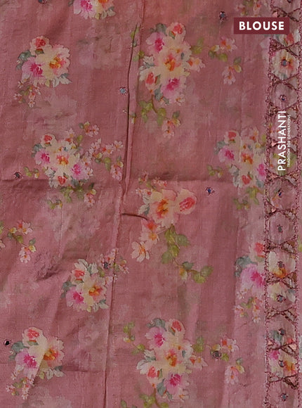 Pure tussar silk saree dark peach with floral digital prints & mirror work and cut work border