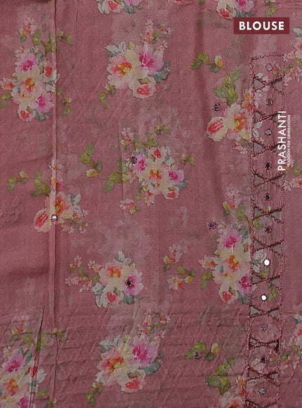 Pure tussar silk saree dark peach with floral digital prints & mirror work and cut work border
