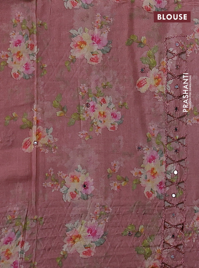 Pure tussar silk saree dark peach with floral digital prints & mirror work and cut work border