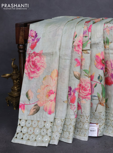 Pure tussar silk saree pastel green with floral digital prints & mirror work and cut work border