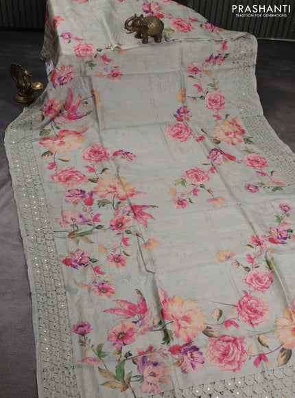Pure tussar silk saree pastel green with floral digital prints & mirror work and cut work border