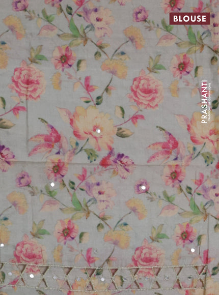 Pure tussar silk saree pastel green with floral digital prints & mirror work and cut work border