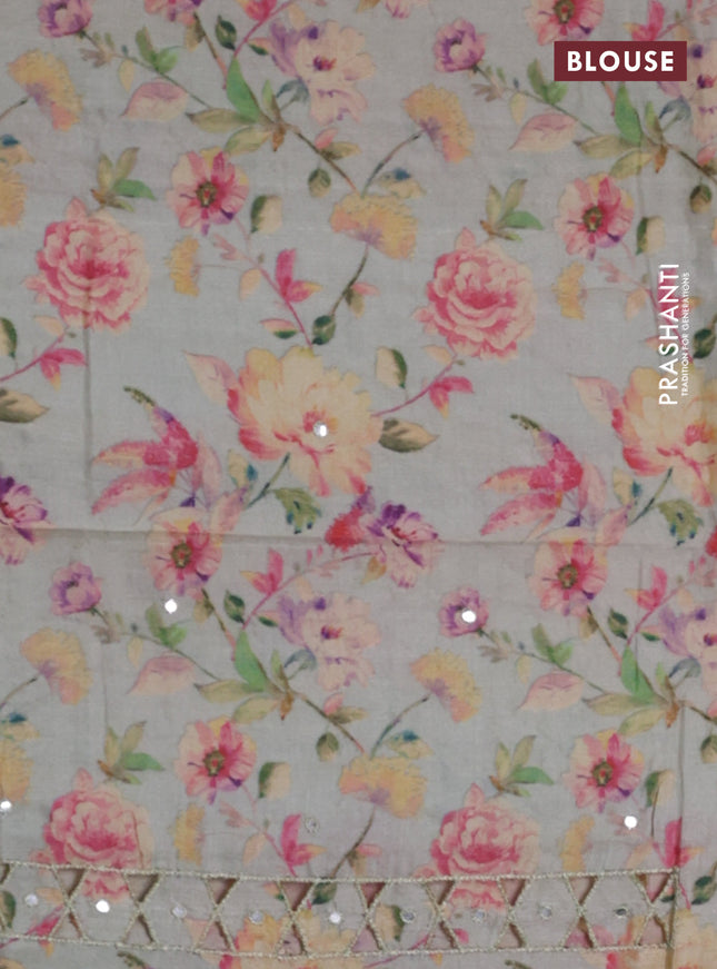 Pure tussar silk saree pastel green with floral digital prints & mirror work and cut work border