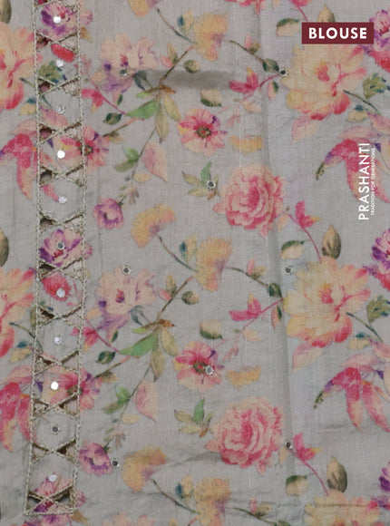 Pure tussar silk saree pastel green with floral digital prints & mirror work and cut work border