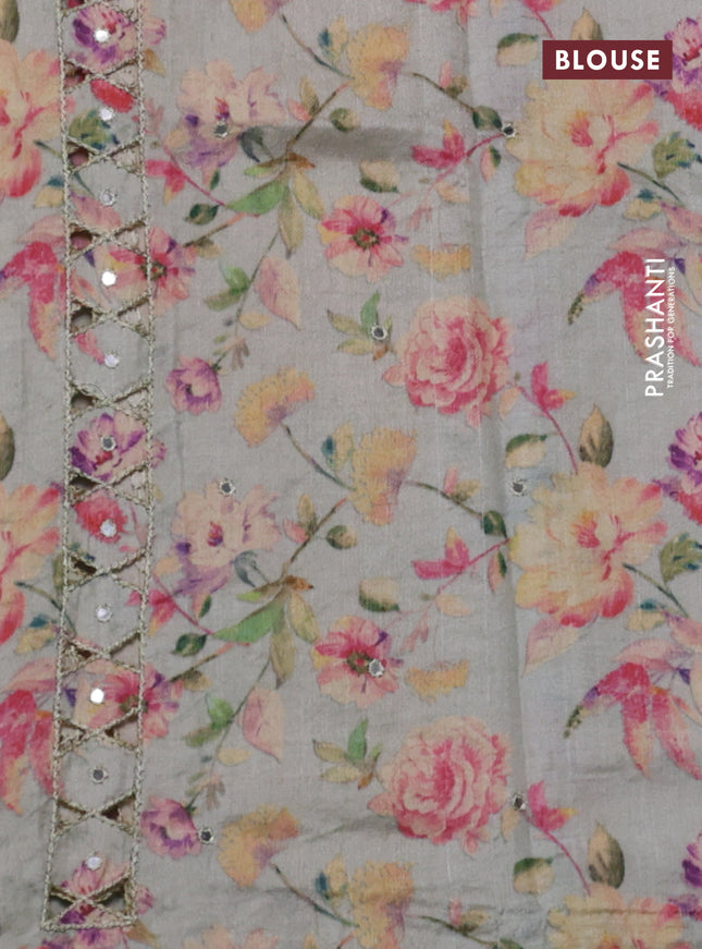 Pure tussar silk saree pastel green with floral digital prints & mirror work and cut work border