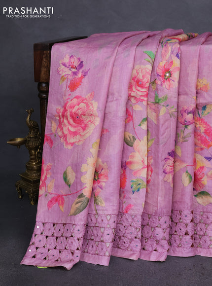 Pure tussar silk saree mauve pink with floral digital prints & mirror work and cut work border