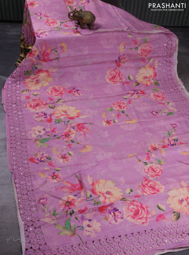 Pure tussar silk saree mauve pink with floral digital prints & mirror work and cut work border