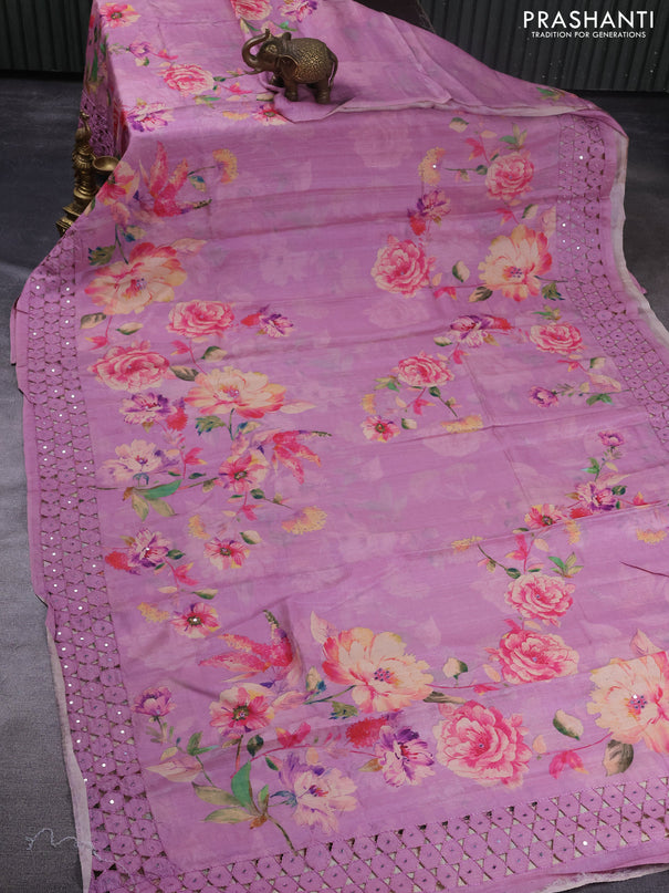 Pure tussar silk saree mauve pink with floral digital prints & mirror work and cut work border