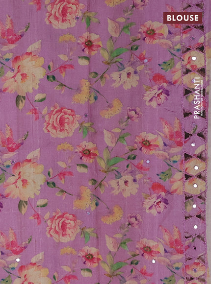 Pure tussar silk saree mauve pink with floral digital prints & mirror work and cut work border
