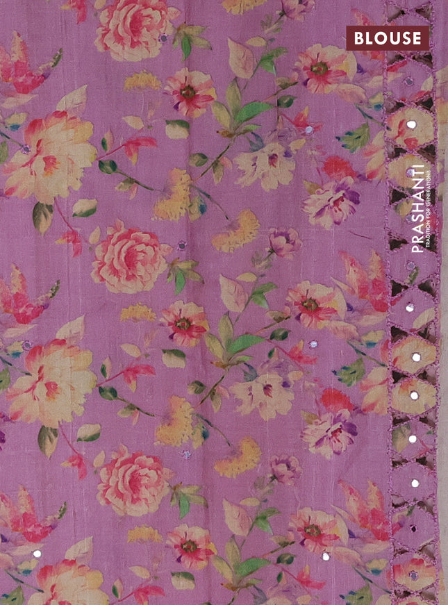 Pure tussar silk saree mauve pink with floral digital prints & mirror work and cut work border