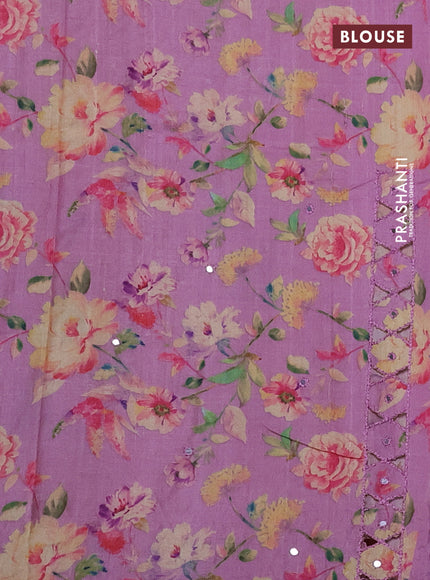 Pure tussar silk saree mauve pink with floral digital prints & mirror work and cut work border
