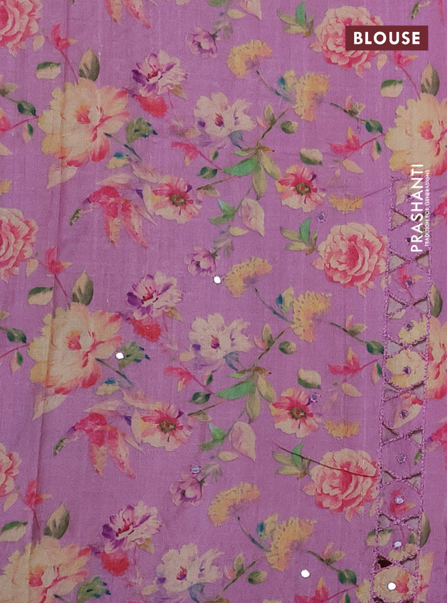 Pure tussar silk saree mauve pink with floral digital prints & mirror work and cut work border