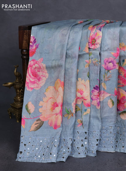 Pure tussar silk saree grey with floral digital prints & mirror work and cut work border