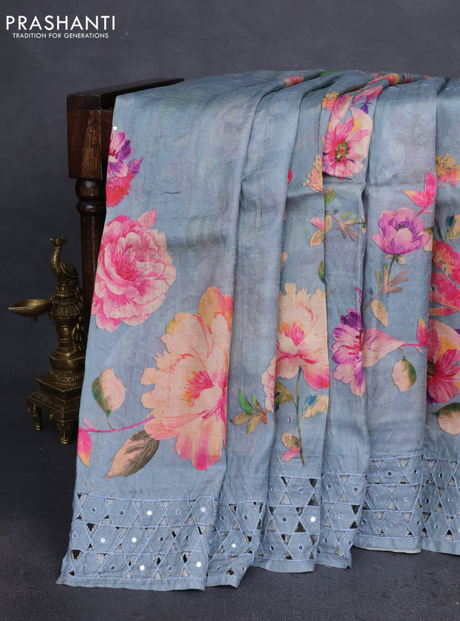 Pure tussar silk saree grey with floral digital prints & mirror work and cut work border