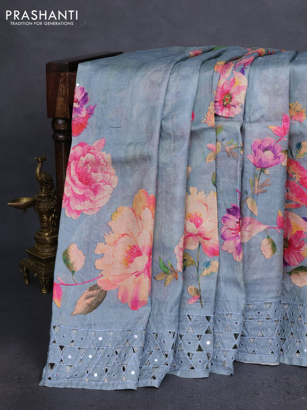 Pure tussar silk saree grey with floral digital prints & mirror work and cut work border
