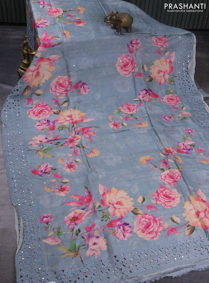 Pure tussar silk saree grey with floral digital prints & mirror work and cut work border