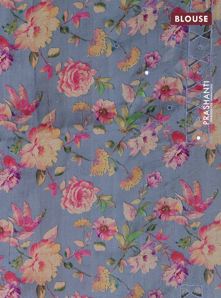 Pure tussar silk saree grey with floral digital prints & mirror work and cut work border