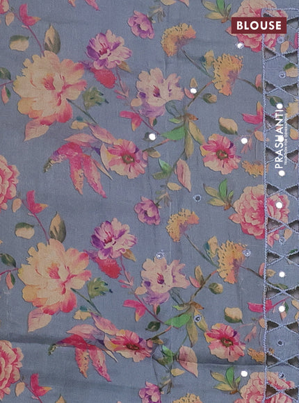 Pure tussar silk saree grey with floral digital prints & mirror work and cut work border