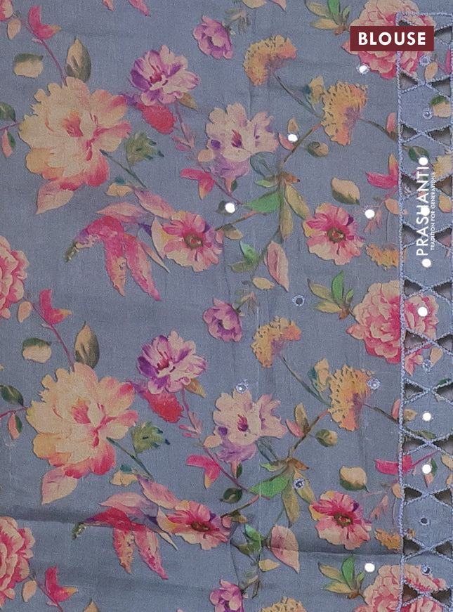 Pure tussar silk saree grey with floral digital prints & mirror work and cut work border