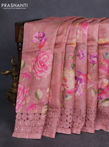 Pure tussar silk saree dark peach with floral digital prints & mirror work and cut work border