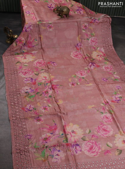 Pure tussar silk saree dark peach with floral digital prints & mirror work and cut work border