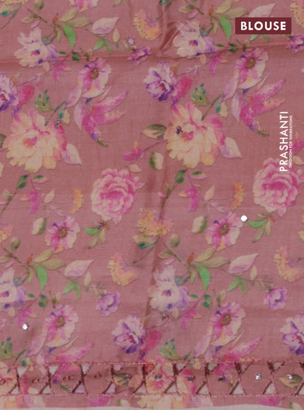 Pure tussar silk saree dark peach with floral digital prints & mirror work and cut work border