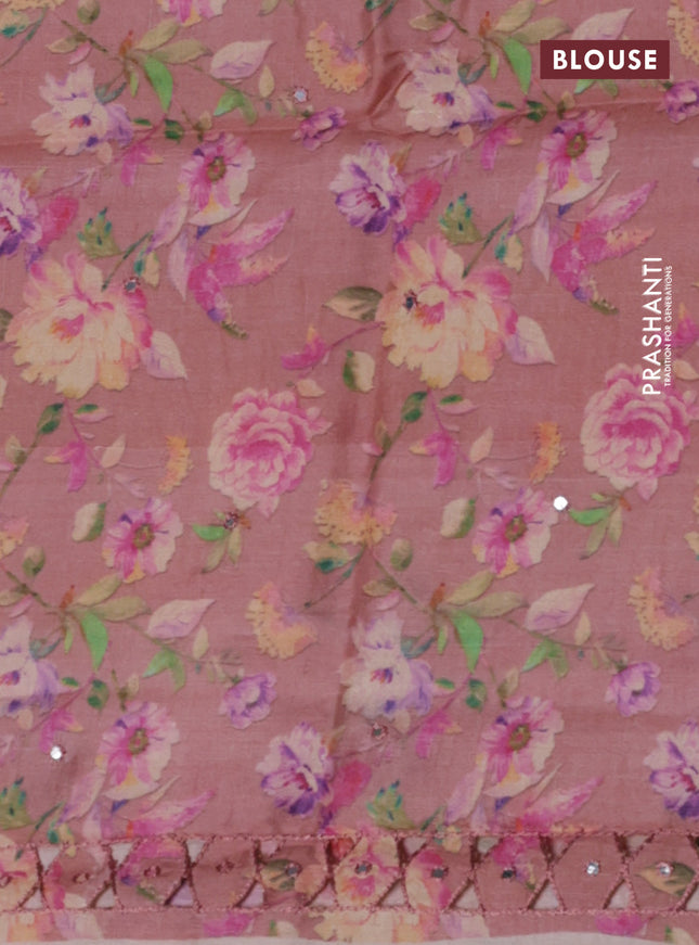 Pure tussar silk saree dark peach with floral digital prints & mirror work and cut work border