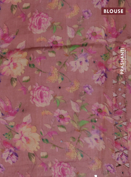 Pure tussar silk saree dark peach with floral digital prints & mirror work and cut work border