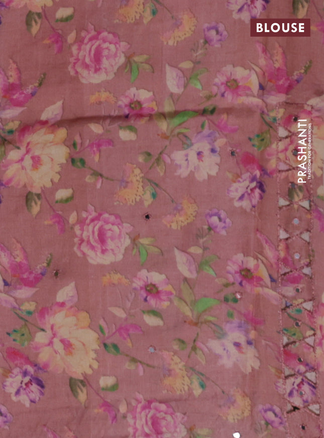 Pure tussar silk saree dark peach with floral digital prints & mirror work and cut work border