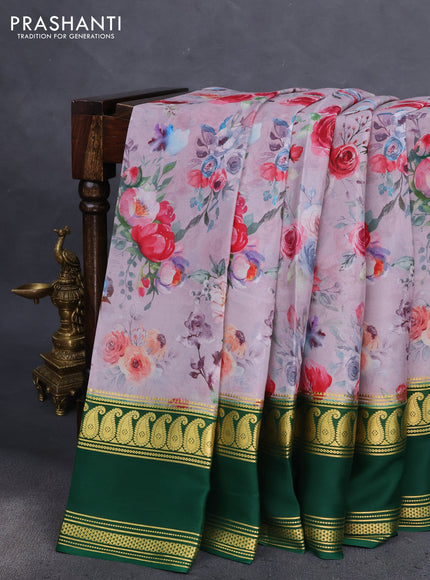 Pure mysore silk saree pastel purple and green with allover floral prints and zari woven border
